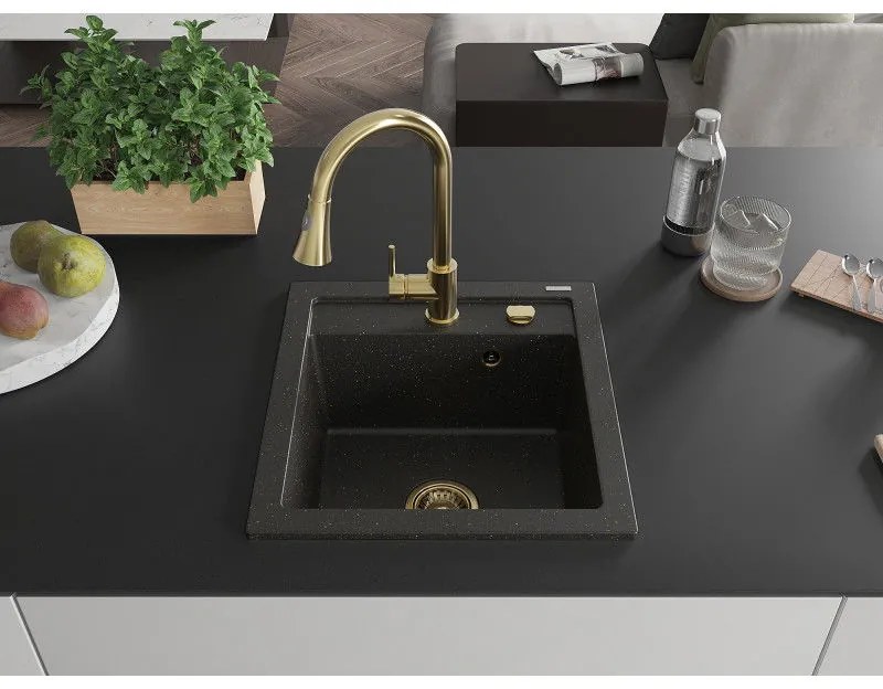 Mexen Vito, 1-komorový granitový drez 490x520x210 mm a drezová batéria Elia, čierna-zlatá metalíza, 6503-75-670101-50