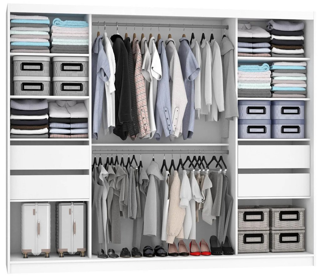 Šatníková skriňa 232 cm Belini biely mat / šedý mat s posunými dverami zrkadlom a zásuvkami  MBP SZP8/0/1W/2SR1L/0/KLAL