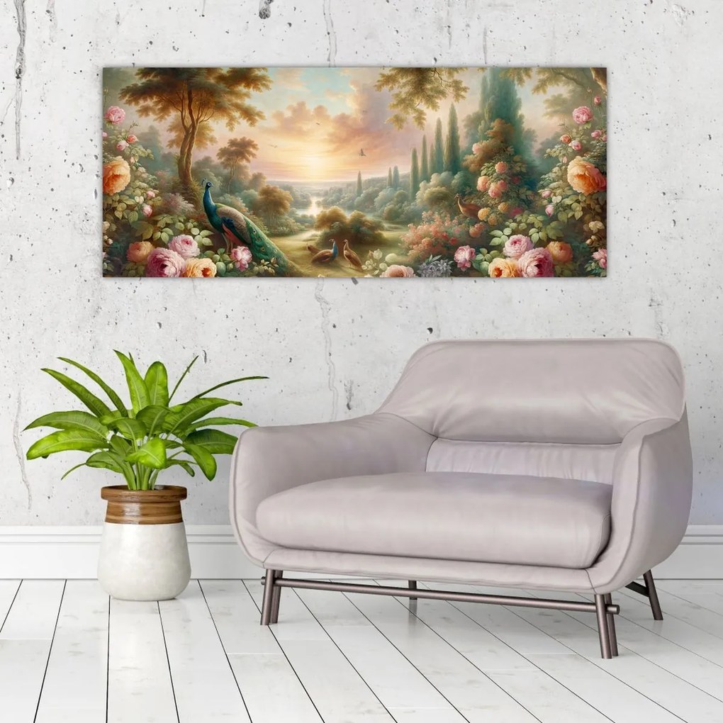 Obraz - Pávy v záhrade (120x50 cm)