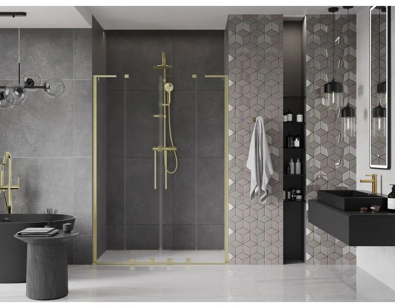 Mexen Velar L Duo, posuvné sprchové dvere do otvoru 150 cm, 8mm číre sklo, zlatá matná, 871-150-003-02-55