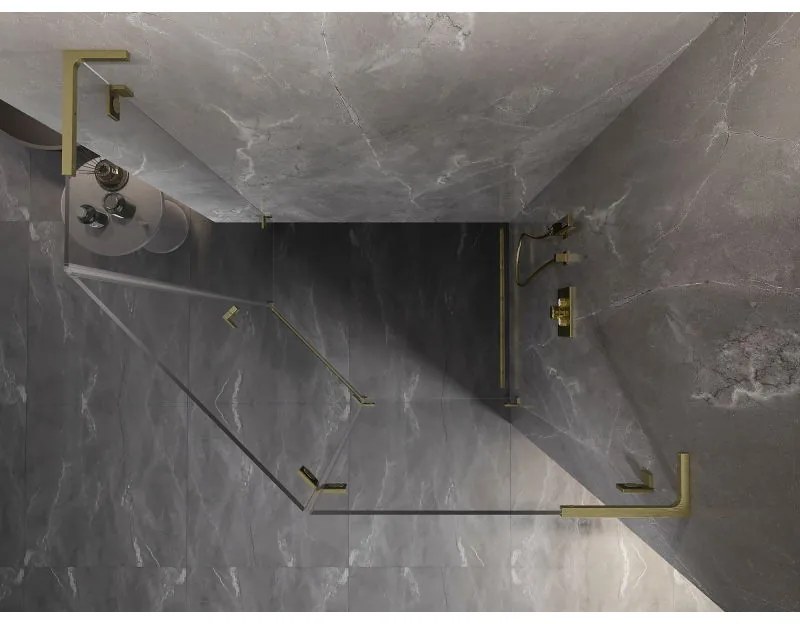 Mexen Lunar, L pravý výklopný päťuholníkový sprchový kút 90 x 80 cm, 8mm číre sklo, zlatý matný profil, 831L-090P-080L-55-00-P