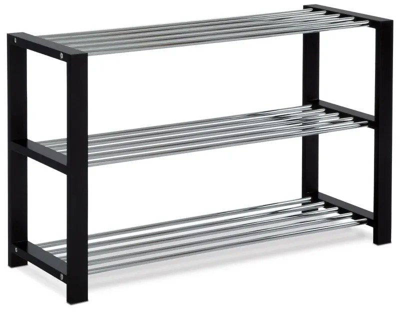 Botník, 3 kovové chromované police, masiv kaučukovník, černý matný lak