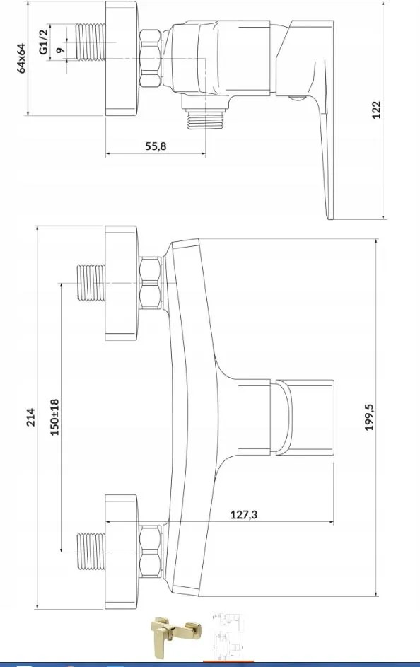 Cersanit Larga, nástenná sprchová batéria, zlatá matná, S951-384