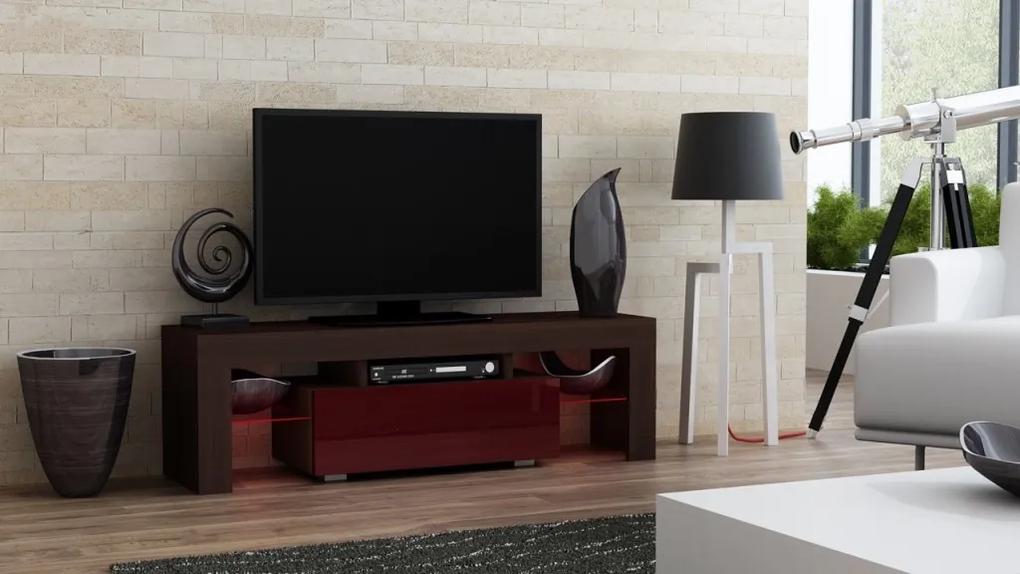 Mazzoni TV stolík MILANO lesklý 130 LED wenge, burgund zásuvka