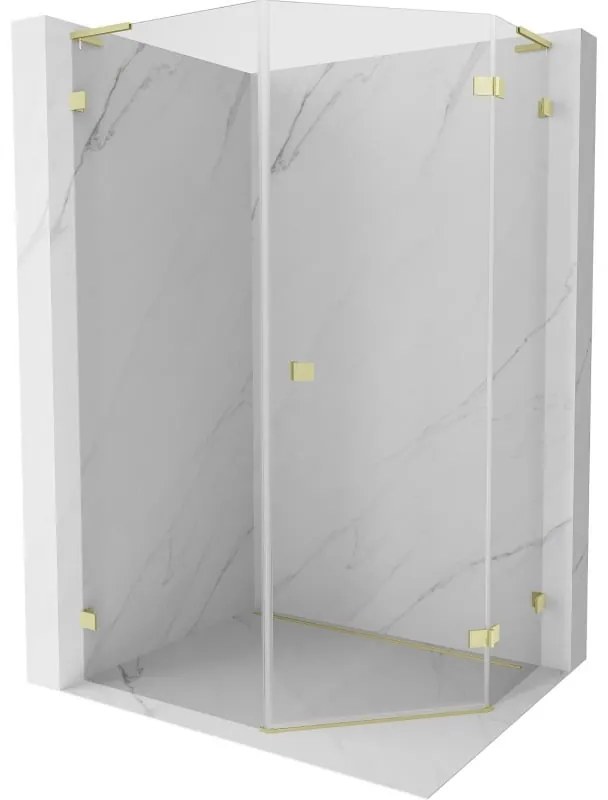 Mexen Lunar, L pravý výklopný päťuholníkový sprchový kút 80 x 90 cm, 8mm číre sklo, zlatý matný profil, 831L-080P-090L-55-00-P