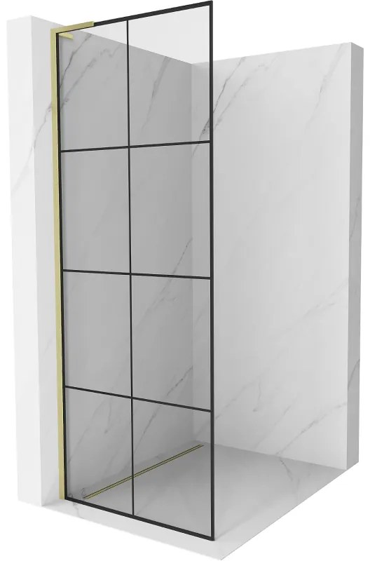 Mexen Kioto L, sprchová zástena Walk-In 80 x 200 cm, 8mm číre sklo čierny vzor, zlatý matný profil, 800-080-103-55-77
