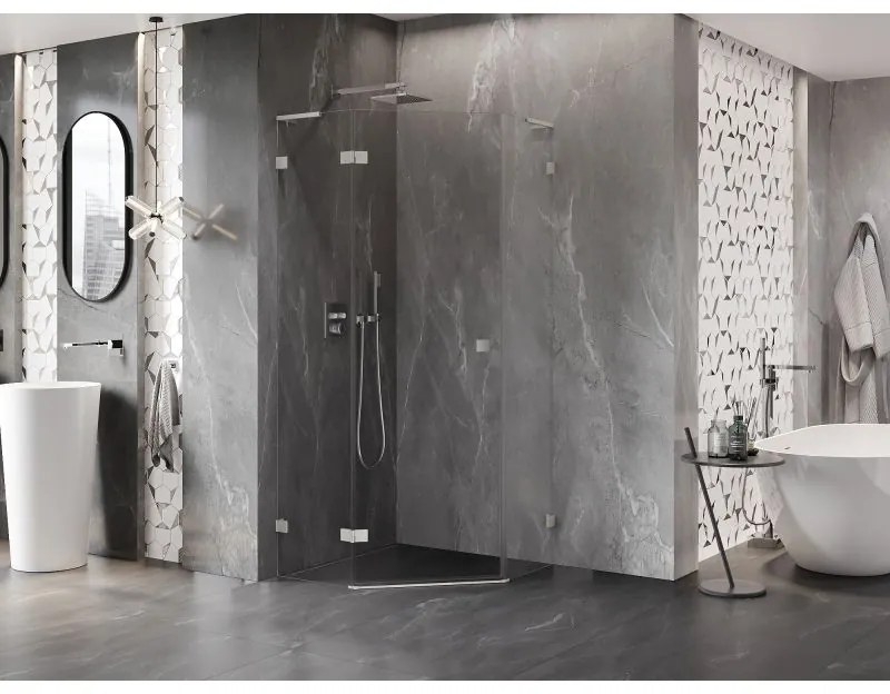 Mexen Lunar, L päťuholníkový sprchový kút naklápací doľava 100x100 cm, 8mm číre sklo, oceľový profil, 831L-100L-100P-97-00-L