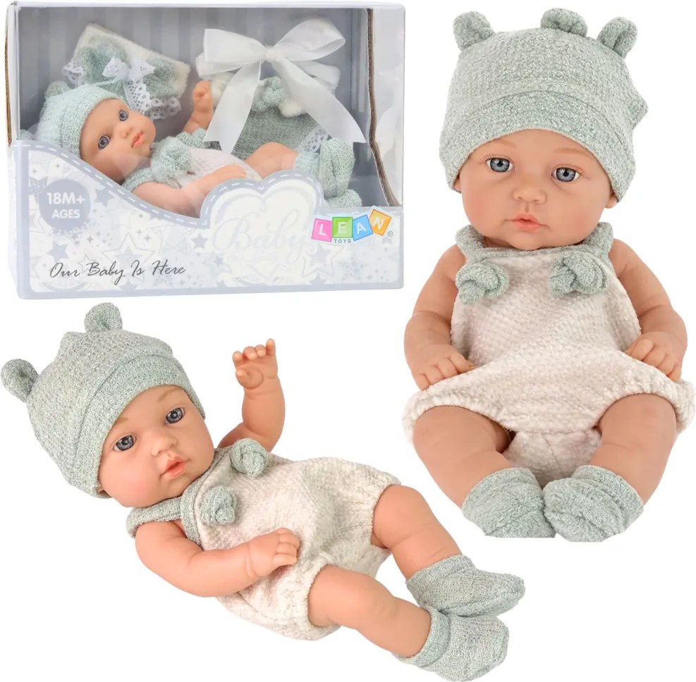 LEAN Toys Bábika bábätko v sivom oblečení, čiapka a slintáčik 18 cm