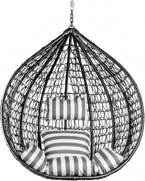 Čierne závesné kreslo KOKON bez stojanu, bielo-sivý vankúš