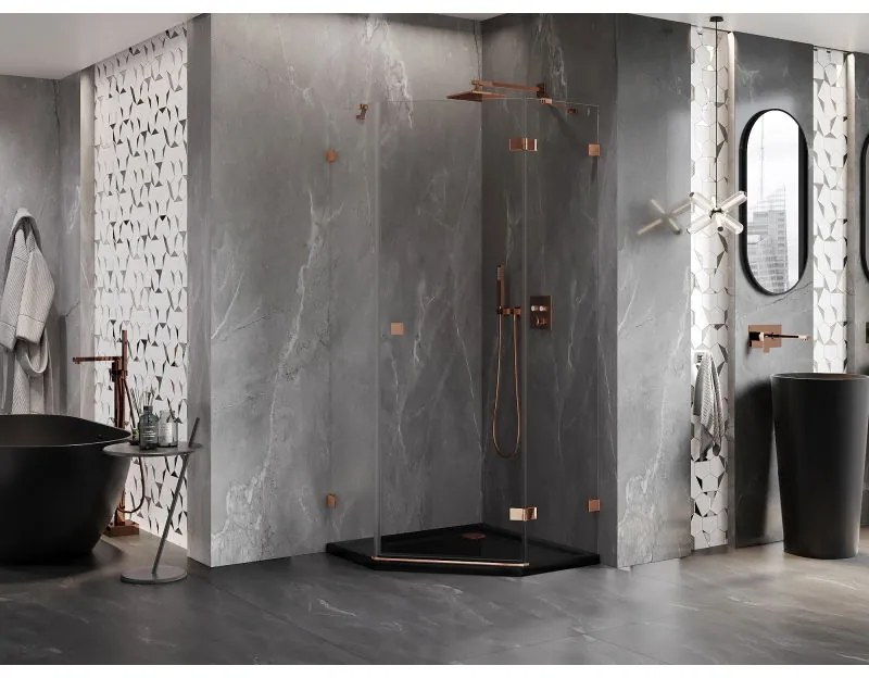 Mexen Lunar, pravý výklopný päťuholníkový sprchový kút 100 x 100 cm, 8mm číre sklo, profil ružové zlato, 831-100P-100L-60-00-P