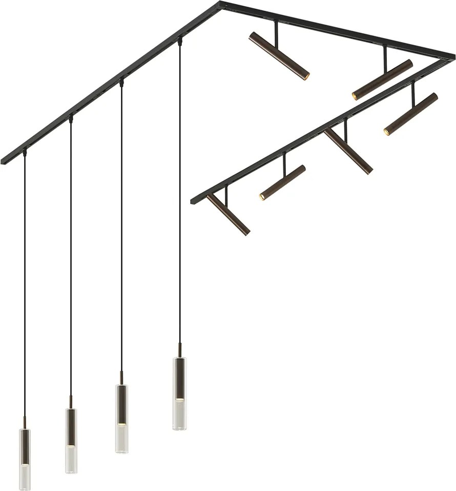 Moderný koľajnicový systém čierny so 6 bodovými svetlami a 4 závesnými svetlami tmavý bronz 1-fázový - Slimline Avery Loyce