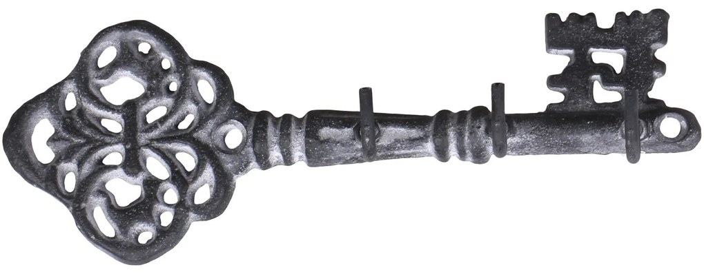 Šedý antik nástenný vešiak v tvare kľúča s 3-mi háčikmi - 19*4*6,5 cm