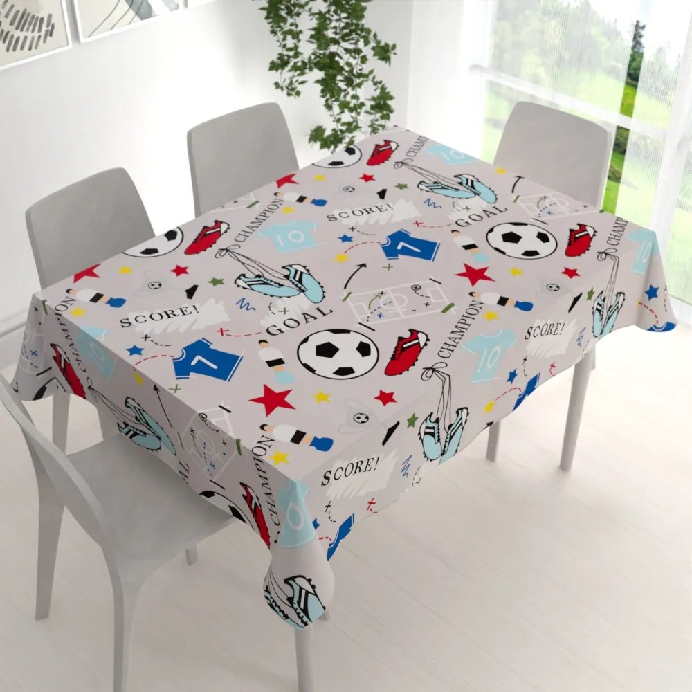 Biante Detský bavlnený obdĺžnikový obrus Sandra SA-646 Futbal to je hra - na sivom 140x220 cm
