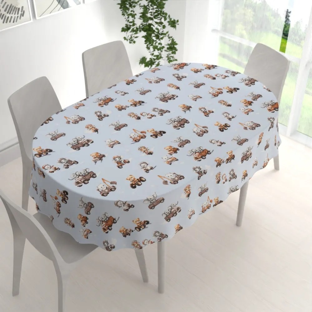 Biante Detský bavlnený oválny obrus Sandra SA-629 Zvieratká v autách na modrom 120x180 cm
