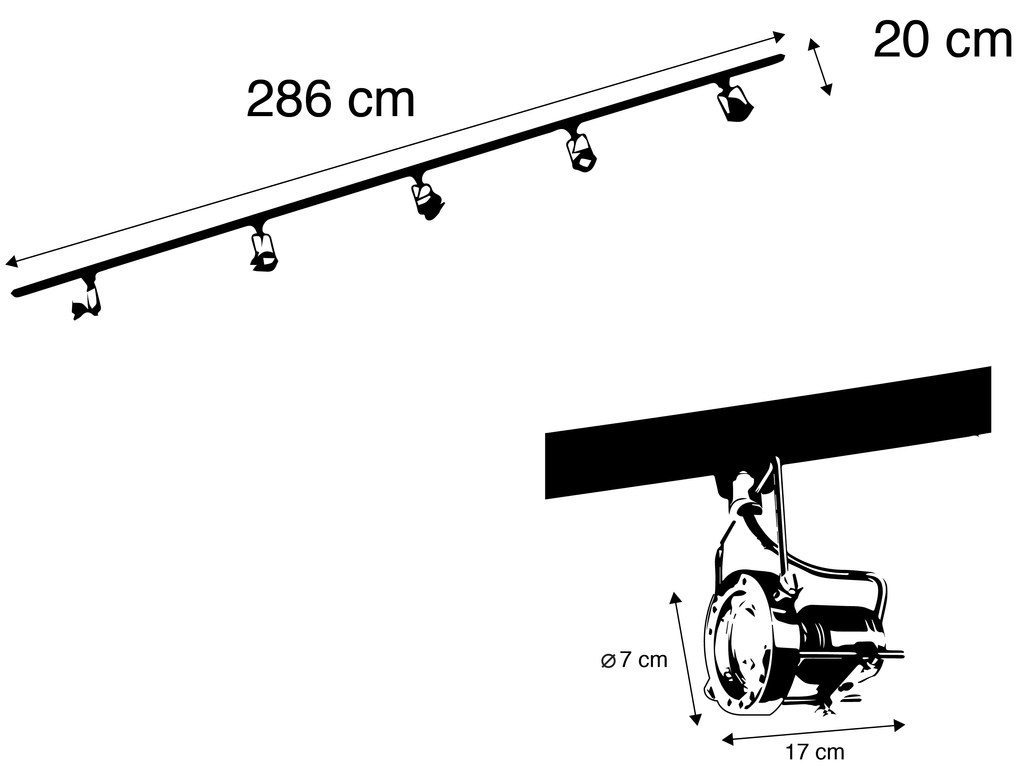 Koľajnicový systém s 5 reflektormi 1-fázový čierny s oceľou - Suplux