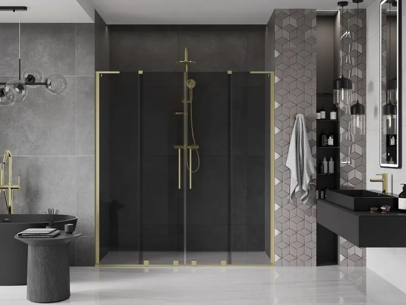 Mexen Velar L Duo, posuvné sprchové dvere do otvoru 200 cm, 8mm šedé sklo, zlatá matná, 871-200-003-42-55