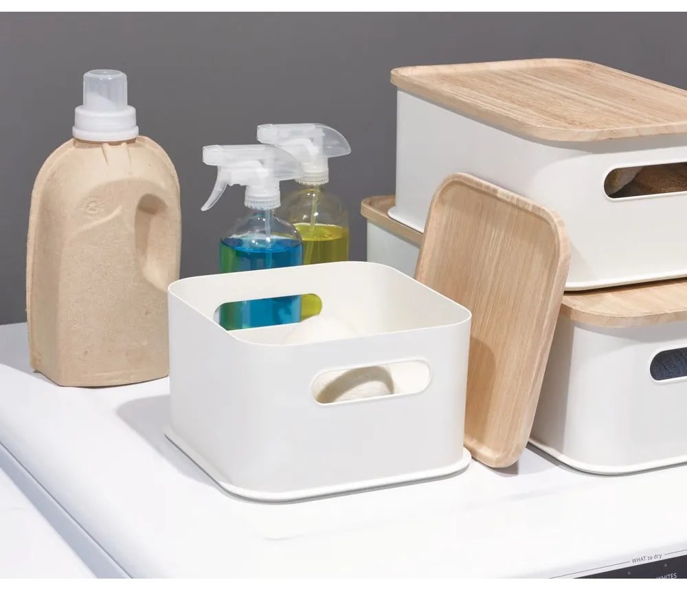 Biely úložný box s vekom z dreva paulownia iDesign Eco Handled, 21,3 x 21,3 cm