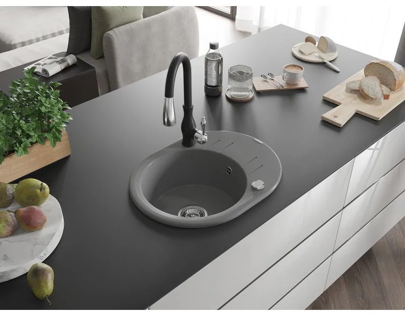 Mexen Kevin, granitový drez 586x458x190 mm, 1-komorový a drezová batéria Savita, šedá, 6517-71-672601-70