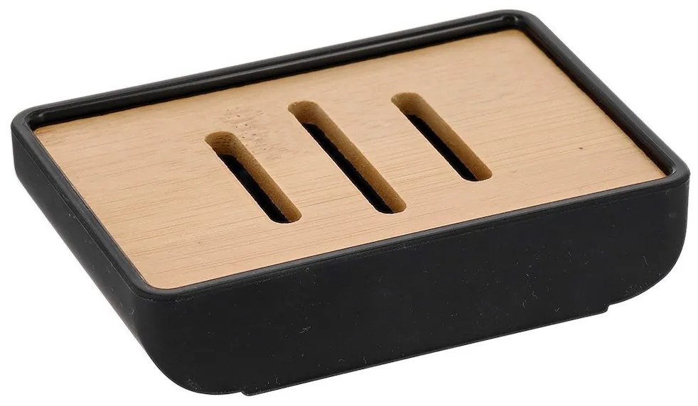 TENDANCE Sada kúpeľňových doplnkov Tempesti, čierna/s drevenými prvkami