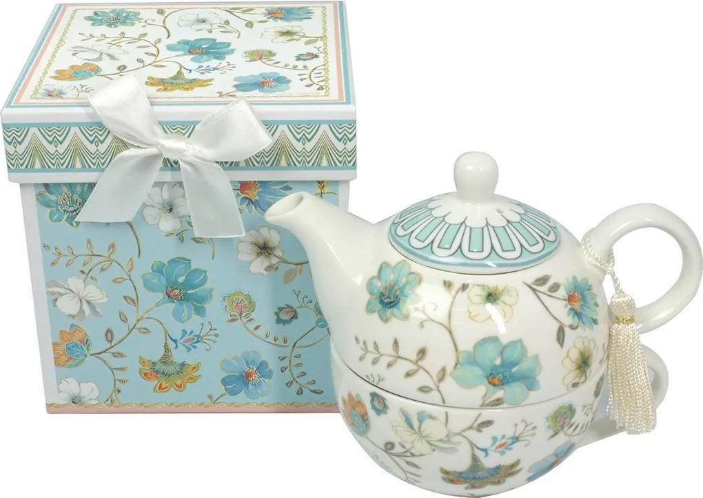 Porcelánová čajová kanvička so šálkou Modré kvetiny v darčekovej krabičke