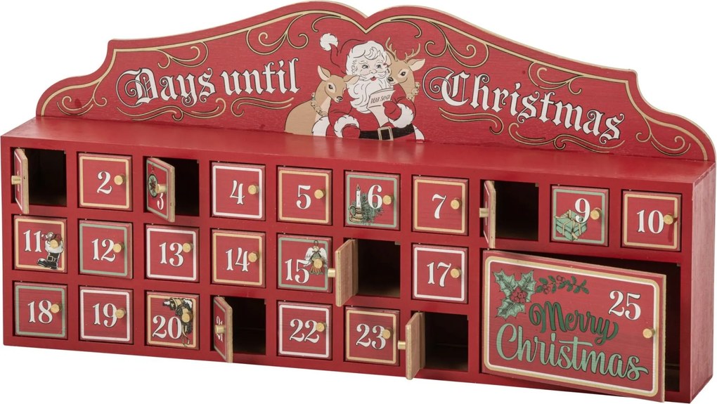 Červený drevený adventný kalendár J-line – 80*12*40 cm