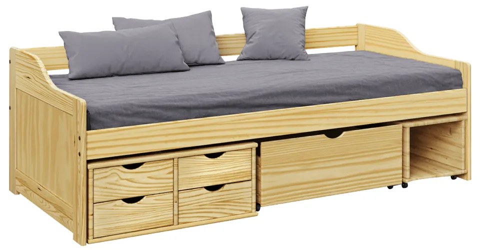 Posteľ s úložným priestorom, prírodná, masív, 90x200, MAXI NEW