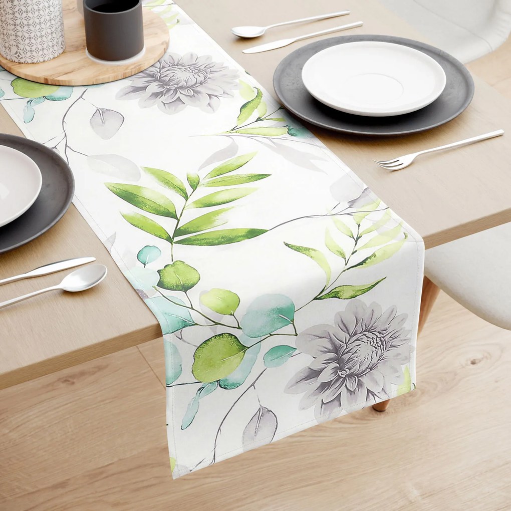 Goldea behúň na stôl 100% bavlnené plátno deluxe - eukalyptus s kvety 35x140 cm