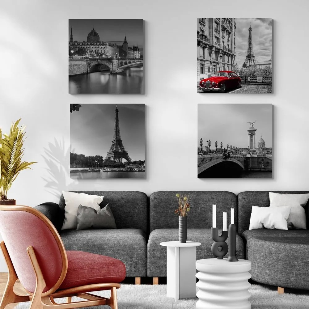 Set obrazov Paríž s retro červeným autom