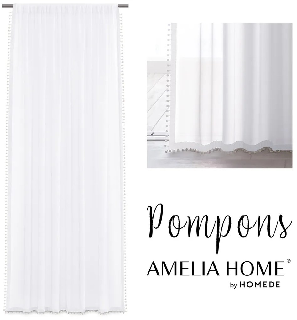 Záclona AmeliaHome Pompons Brinna II biela, velikost 140x270