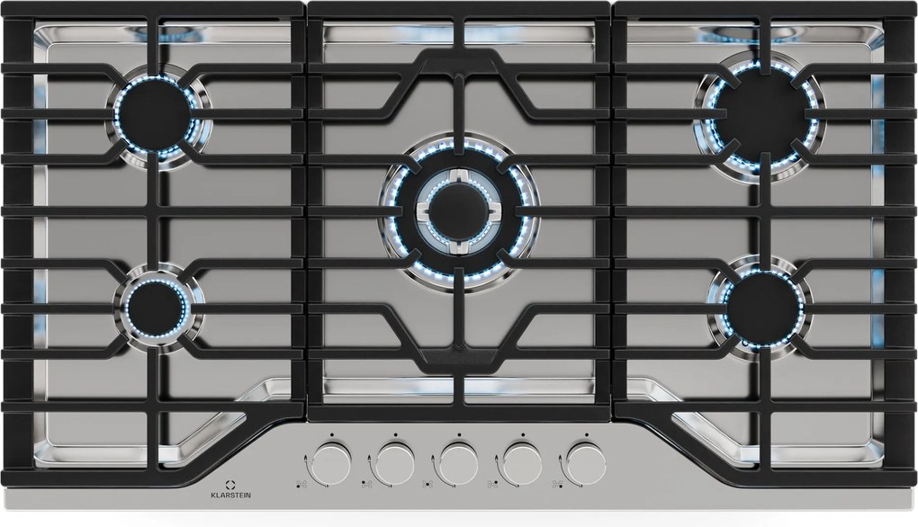 Klarstein Turbocast plynová varná doska, 304 nehrdzavejúca oceľ, 5 horákov, profesionálny liatinový držiak, horák wok