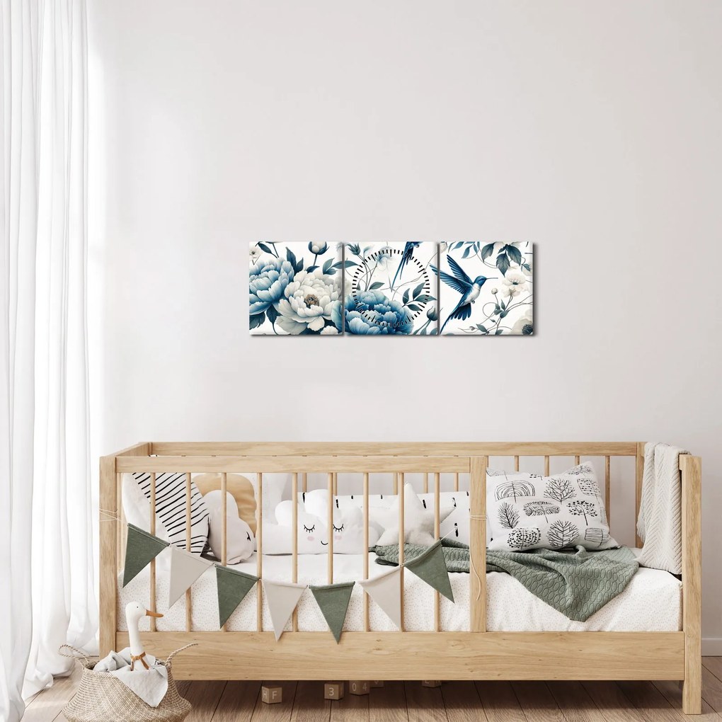 Obraz - Kolibríky s kvetmi (s hodinami) (90x30 cm)