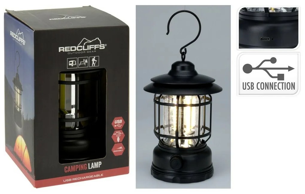Redcliffs Závesné kempingové svietidlo, USB, 11,5 x 18 cm, stmievateľná