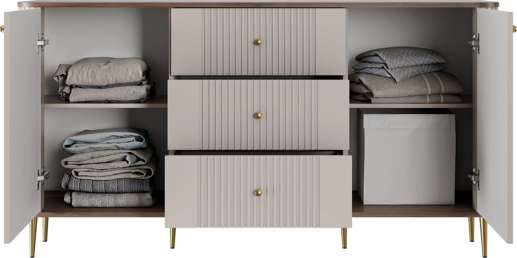 Komoda Vesper 160 cm so zásuvkami na nožičkách - kašmír / orech / zlaté nohy