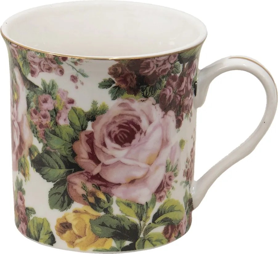 Porcelánový hrnček s kvetmi a zlatou linkou Pink Flowers - 12*8*9 cm / 330 ml