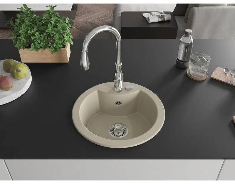 Mexen Diego, 1-komorový granitový drez 488x488x167 mm a drezová batéria Savita, béžová, 6512-69-672601-00