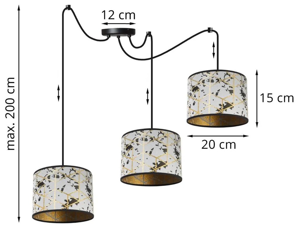 Závesné svietidlo WERONA SPIDER 5, 3x sivé textilné tienidlo so vzorom, G