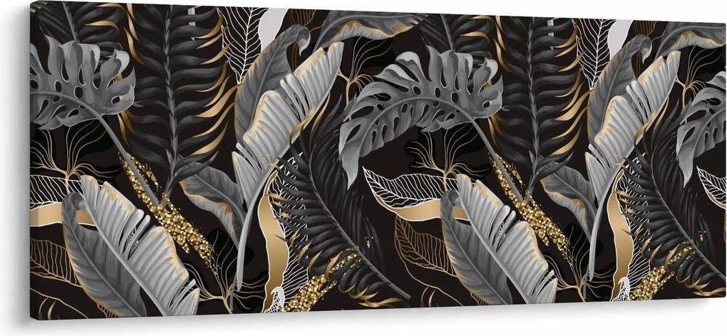 Obraz - Tropické listy v čierno-zlatej (120x50 cm)