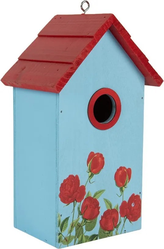 Červeno-modrá drevená vtáčia búdka s ružami Birdhouse - 15*10*22 cm