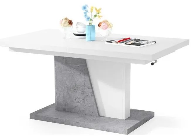 Rozkladací konferenčný/jedálenský stôl so zvíhacou doskou NINO biela/šedá betón