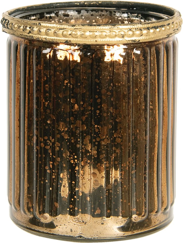 Zlato hnedý sklenený svietnik s kovovým zdobením - Ø 8 * 9 cm