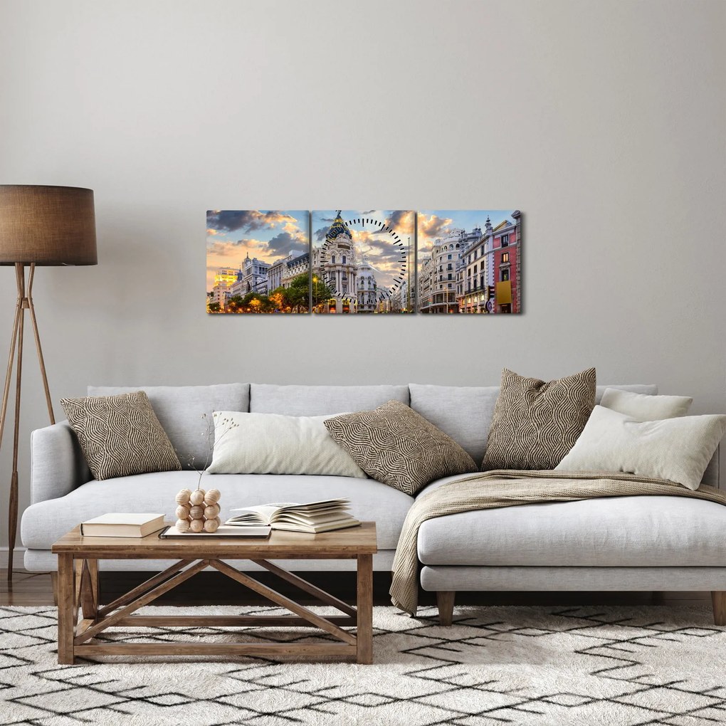Obraz - Calle Gran Vía, Madrid, Španielsko (s hodinami) (90x30 cm)