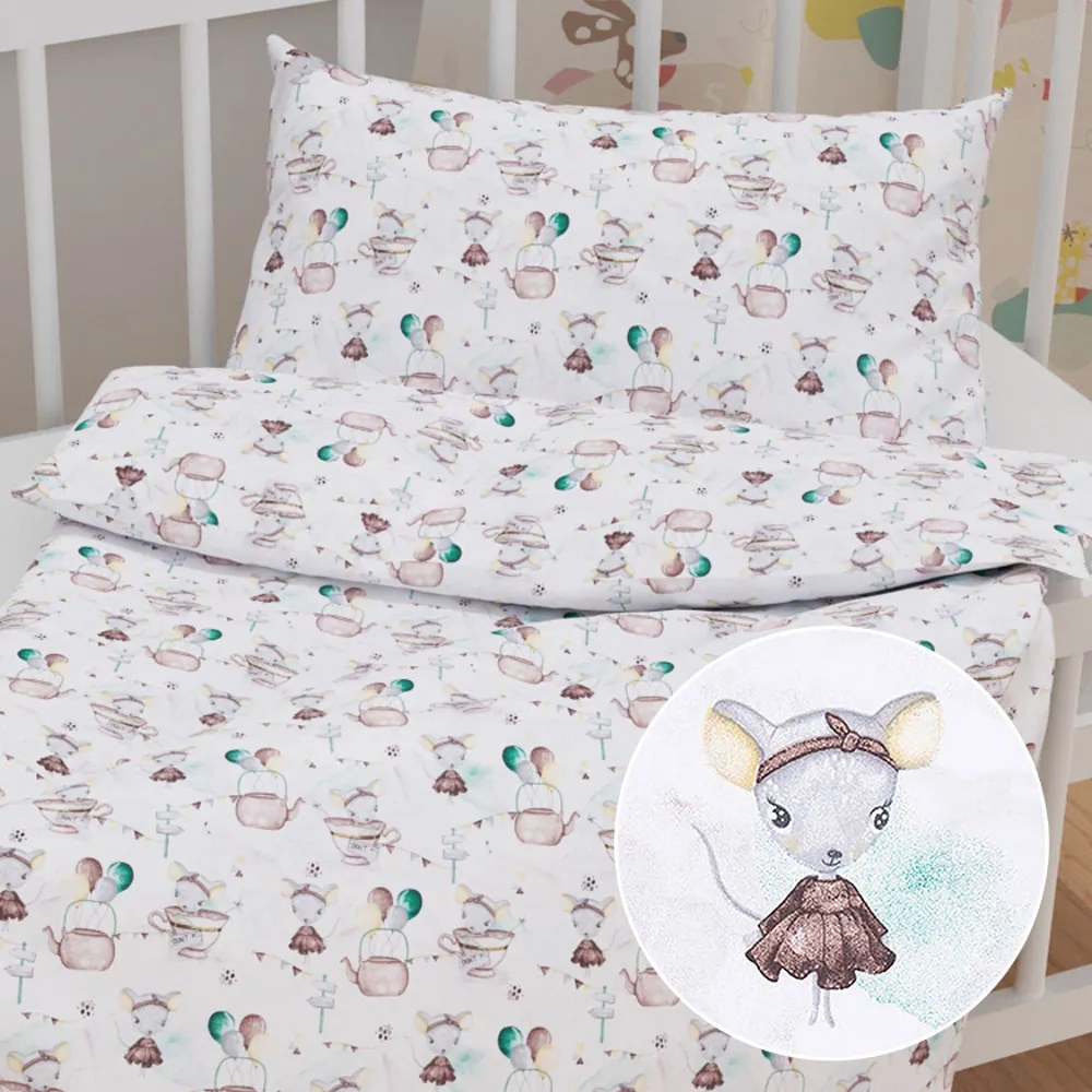 Biante Detské bavlnené posteľné obliečky do postieľky Sandra SA-372 Myšky a konvičky na bielom Do postieľky 90x120 a 40x60 cm