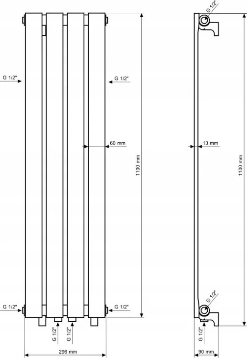 Gamma Vertical, vykurovacie teleso 296x1100 mm, 368 W, čierna matná, GMA-VERT-1100296-BK