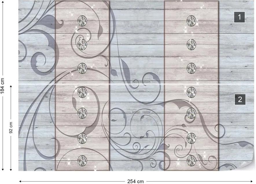 GLIX Fototapeta - Ornamental Swirl Design Wood Planks Blue And Beige Vliesová tapeta  - 254x184 cm