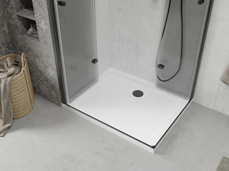 Mexen Lima Duo, sprchovací kút s 2-krídlovými skladacími dverami 90 (dvere) x 80 (dvere) cm, 6mm číre sklo, čierny profil + slim sprchová vanička 5cm biela s čiernym sifónom, 856-090-080-70-02-4010B