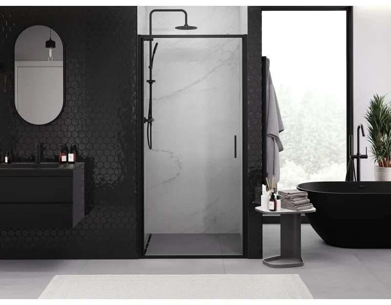 Mexen Exo, 1-krídlové dvere do otvoru 80x200 cm, 6mm číre sklo, čierny profil, 817-080-000-70-00