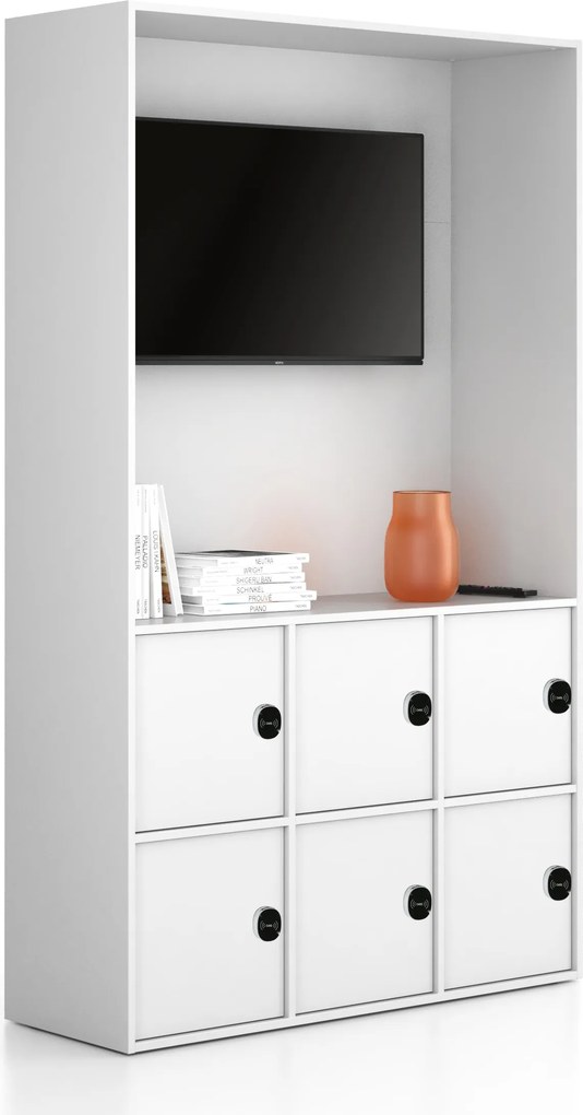 Kancelárska skriňa FRAME, 6x dvere, priestor pre TV, 1299 x 450 x 2162 mm, RFID zámok, biela