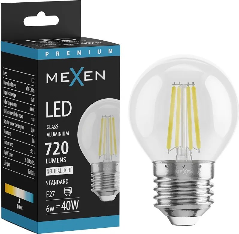 Mexen Vintis, LED filamentová žiarovka E27, G45, 6 W, neutrálna biela 4000K, číra, L156-E27-0640-00