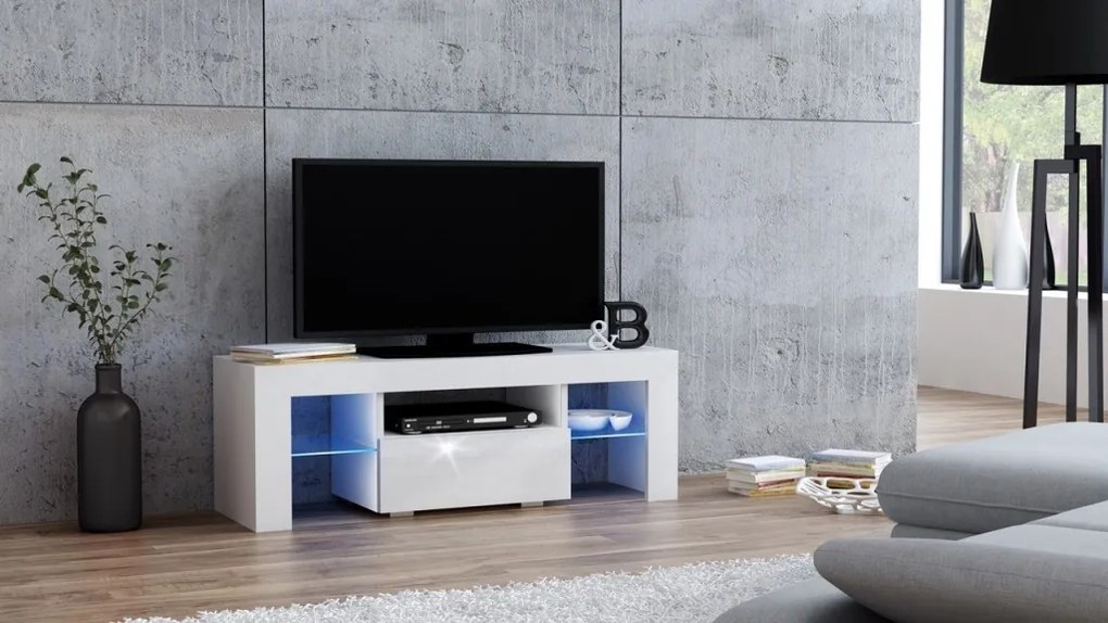 Mazzoni TV stolík MILANO lesklý 110 LED biely, biela zásuvka