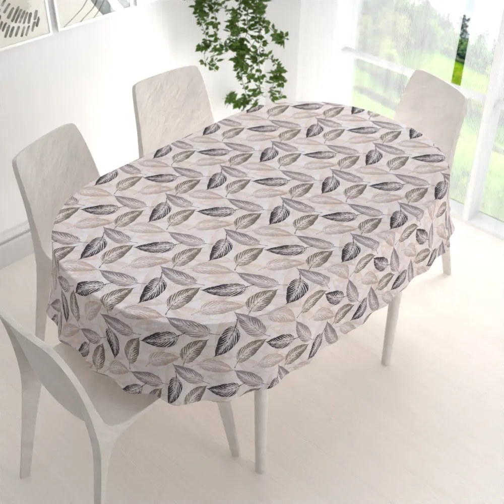 Biante Dekoračný oválny obrus PML-056 Zeleno-čierne listy na béžovom 140x200 cm